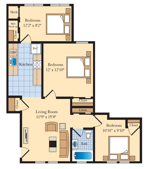 3 bed 2 bath C1 Floor Plan at The Fields of Bethesda, Maryland